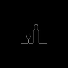 Continuous line drawing. Wine bottle and glass contour. White on Black outline vector.