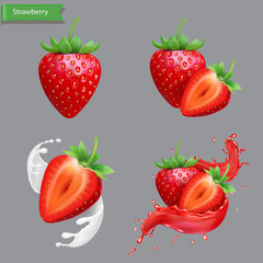 Whole and slice strawberry set, strawberry in juice realistic splash, sweet fruit milk or yogurt collection