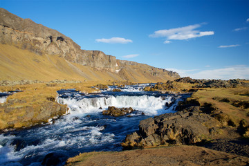 Iceland waterfall in winter panorama evening