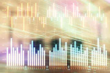 Multi exposure of stock market graph on conference room background. Concept of financial analysis