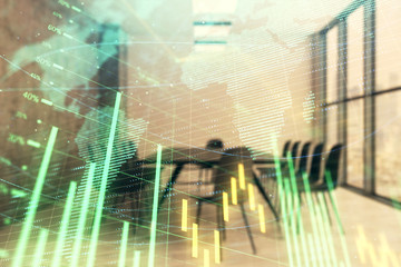 Double exposure of stock market graph with globe hologram on conference room background. Concept of international finance