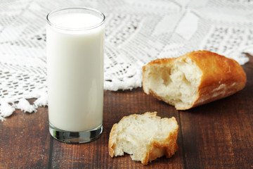 A glass of milk and wheat bread as countryside breakfast	