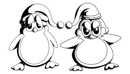 A pair of penguins, angry and offended in black and white style