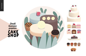 Cake shop, cakes on demand - small business graphics - menu icon -modern flat vector concept illustrations - a round badge with some cakes, the range of cakes, tarts, cupcakes - set