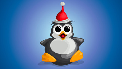 Cute penguin in a Christmas hat funny lying on his back in a vector cartoon style