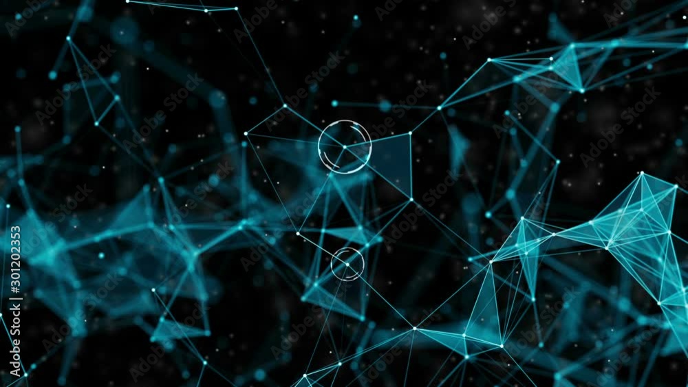 Poster Plexus blue lines, dots, polygons and hud elements in smooth organic slow motion with dust particles. Futuristic technology and science abstract background. Depth of field settings. 3D rendering
