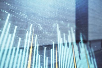 Double exposure of stock market graph on empty exterior background. Concept of analysis