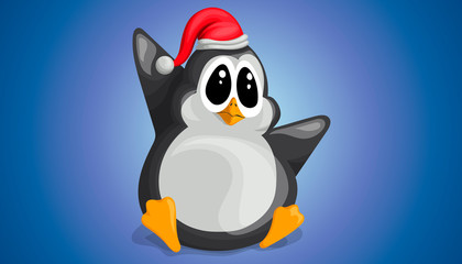 Cute penguin in a Christmas hat funny waving paw in vector cartoon style