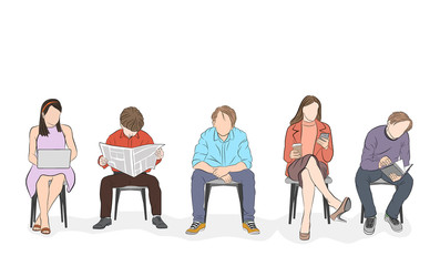 Obraz premium people are sitting on chairs. everyone is busy with his own business. vector illustration.