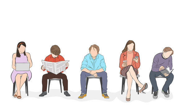people are sitting on chairs. everyone is busy with his own business. vector illustration.
