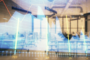 Stock and bond market graph with trading desk bank office interior on background. Multi exposure. Concept of financial analysis