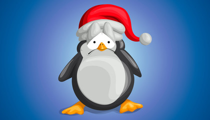 Cute penguin in Christmas hat with sad eyes in vector cartoon style