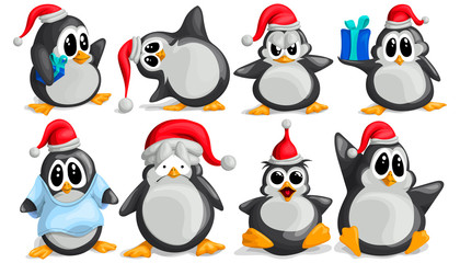 Set of funny and cute Northern penguins in vector cartoon performance