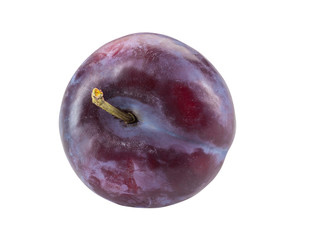 Smooth-skinned, mellow, purple plum fruit isolated on white background with copy space for text or images. Side view. Close-up shot.