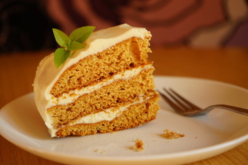 A piece of homemade cake with crem. Close up side view.