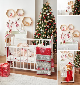 Collage from photo of children's room. Christmas interior of children's bedroom. New Year's decor and tree in children's playroom. Christmas loft style interior. Сhristmas in the nursery. 