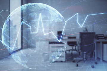 Stock and bond market graph and world map with trading desk bank office interior on background. Multi exposure. Concept of international finance