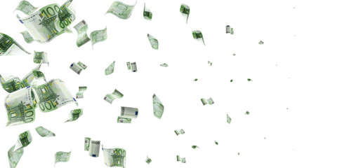 Euro coin falling banknotes. European money on white isolation background.