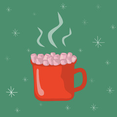 Christmas illustration of a red cup with marshmallow. Cup with a sweet hot drink and snow. Winter cozy elements for wallpaper, cards and banners.