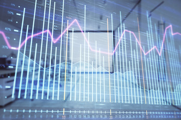 Stock market chart with trading desk bank office interior on background. Double exposure. Concept of financial analysis