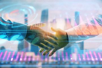 Double exposure of business theme drawing on cityscape background with handshake. Concept of partnership