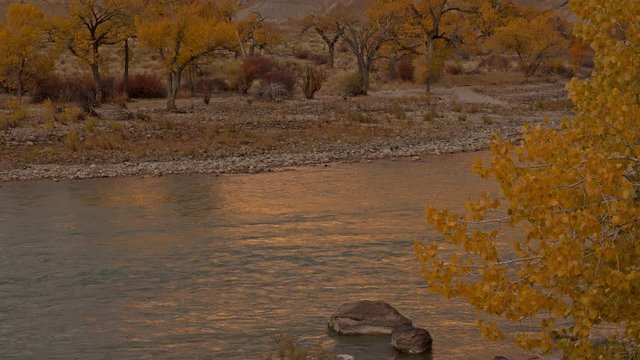 Tilt up looking at desert cliffs reflecting in the Green River durning Fall in Utah at sunrise.