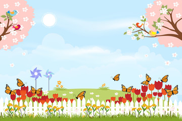 Cute cartoon card for spring season with butterfly flying over tulips field, illustration Summer creative  background with copy space,Template for your text. Nature landscape with blue sky