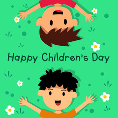 World Children's Day. A background with a green pasture with flowers on it, there are two children who are being touched, for background, cover, text template