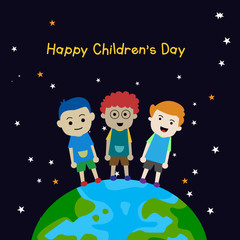 World Children's Day. three children who are standing on the earth. with a dark sky and lots of stars