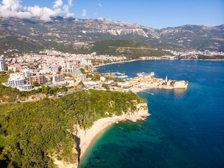 Budva coastlingon the adriatic coastline with budva old town and sveti stefan from an aerial perspective