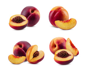 Set of smooth-skinned whole nectarines and parts with kernels and without them isolated on white background with copy space. Close-up.