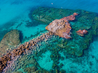 Naklejka na ściany i meble Aerial view of a paddle board in the water floating on a transparent sea, snorkeling. Bathers at sea. Tropea, Calabria, Italy. Diving relaxation and summer vacations. Italian coasts, beaches and rocks