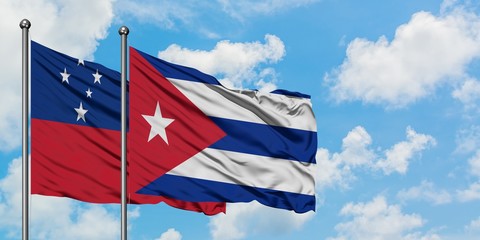 Samoa and Cuba flag waving in the wind against white cloudy blue sky together. Diplomacy concept,...