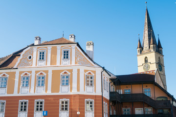 Sibiu, Romania - 5 Nov, 2019: Buildings facade in Sibiu, Transylvania, Romania.