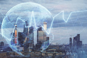 Double exposure of financial graph and world map on city veiw background. Concept of financial market research and analysis