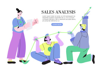 Vector illustration of a business and profit growth, company statisctics and sales analysis concept. Analytical service and buseness promotion. People moving statistisc in a better direction.