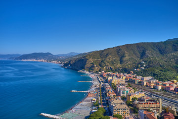 Panoramic aerial view of the resort town of Sestri Levante, Italy. Coastline, boats on the water. Summer season