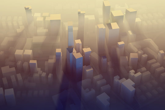 Abstract Illustration of architecture city town top view urban skyscrapers buildings fog sunrise light 3d graphic simple