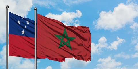 Samoa and Morocco flag waving in the wind against white cloudy blue sky together. Diplomacy concept, international relations.