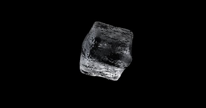 Rotating ice cube, transparent crystal 3d realistic footage. Cubic icy shape turning around motion video. Glacial block on black background. Cubical geometric figure movement animation