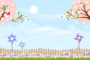 Glasschilderij Kinderkamer Cute cartoon card for spring season with mini windmill behind wooden fence, illustration Summer creative background with copy space,Template for your text. Nature landscape with blue sky  © Anchalee