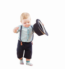 baby in black hat, shirt and suspendersbaby in black hat, shirt and suspenders shorts  isolated on...