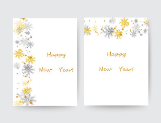 French text Joyeux Noel. Merry Christmas and Happy New Year. Xmas background with Shining gold and silver Snowflakes. Greeting card, holiday banner, web poster