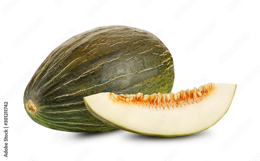 Wall mural delicious green tendral melon in cross-section, isolated on white background with copy space for tex