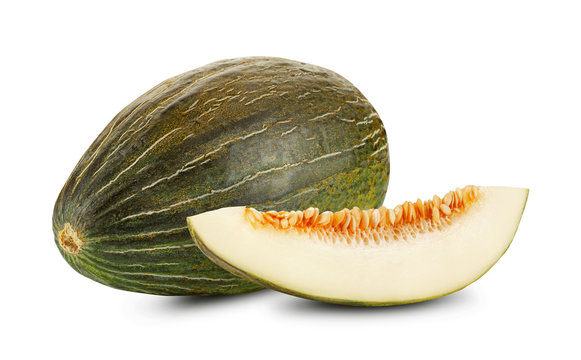 Delicious green tendral melon in cross-section, isolated on white background with copy space for text or images. Side view. Close-up shot.