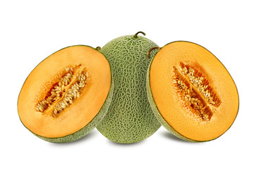 Delicious cantaloupe melon in a cross-section, isolated on white background with copy space for text or images. Side view. Close-up shot.