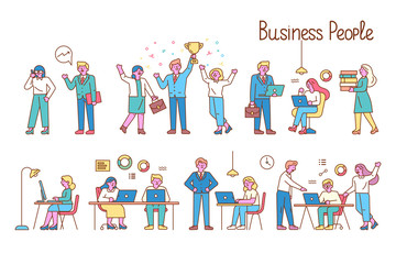 Business people, teamwork line art vector set. Office workplace. People working together in the office. Flat vector illustration.