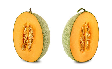 Two halves of a tasty cantaloupe melon in a cross-section, isolated on white background with copy space for text or images. Side view. Close-up shot.