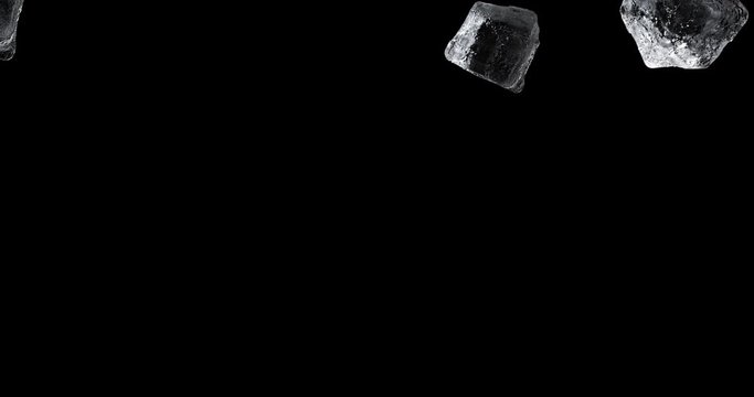 Dropping ice cubes, glacial crystals 3d realistic footage. Cubical icy shapes falling down motion video. Transparent frosty blocks on black background. Cubic geometric figures movement animation