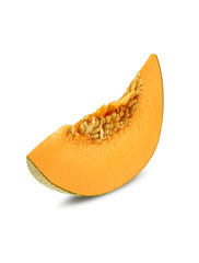 Slice of delicious cantaloupe melon in a cross-section, isolated on white background with copy space for text or images. Side view. Close-up shot.